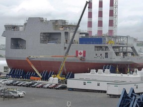 Two of the three mega-blocks of the Canadian naval ship Harry DeWolf are seen at the Halifax shipyard on July 18, 2017.