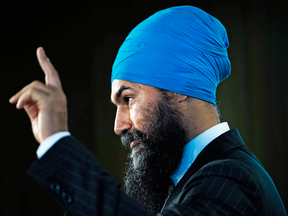 NDP Leader Jagmeet Singh speaks to reporters a day after the federal election, in Burnaby, B.C., on  Oct. 22, 2019.