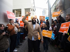NDP leader Jagmeet Singh greets supporters during a campaign stop in Nanaimo, B.C., on Friday, October 18, 2019.