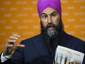 NDP leader Jagmeet Singh answers question from the media during a campaign stop in Ottawa on Friday, October 11, 2019.