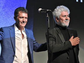 Antonio Banderas, left, and writer/director Pedro Almodóvar introduce Pain and Glory at the 57th New York Film Festival on Sept. 28, 2019.