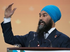 NDP Leader Jagmeet Singh addresses the Canadian Union of Public Employees convention in Montreal, on Wednesday, October 9, 2019.