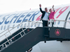 Conservative leader Andrew Scheer and his wife Jill board his campaign plane, an Airbus A319-100.