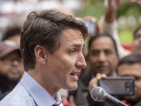 Liberal leader Justin Trudeau speaks to the media while campaigning Thursday, October 3, 2019 in Montreal, Que..THE CANADIAN PRESS/Ryan Remiorz