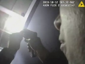 This Fort Worth Police Department handout video screen image obtained October 14, 2019, shows a scene of a shooting from the Fort Worth Police Bodycam on October 12, 2019.