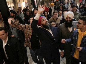 New Democratic Party (NDP) leader Jagmeet Singh waves to supporters during an election campaign visit to Guildford Town Centre in Surrey, British Columbia, Canada October 20, 2019.