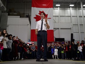 Liberal leader Justin Trudeau makes a campaign stop at the Hamilton Fire Department's administration and training academy in Hamilton, Ont. on Saturday Oct. 19, 2019.