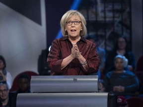 Green Party leader Elizabeth May speaks during the Federal leaders French language debate in Gatineau, Que. on Thursday, October 10, 2019.