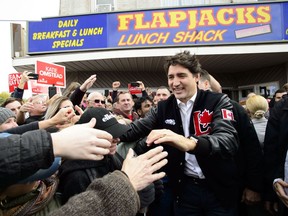 Liberal leader Justin Trudeau makes a campaign stop at Flapjacks Family Restaurant in Tilbury, Ont., on Monday Oct. 14, 2019.