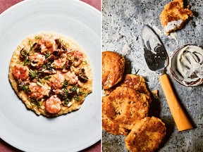 Traditional Shrimp and Grits, left, and Hot-Water Cornbread