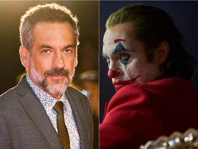 (Left) Todd Phillips attends the Joker premiere during the 2019 Toronto International Film Festival at Roy Thomson Hall on Sept. 9, 2019. On the right, Joaquin Phoenix in character as the Clown Prince of Crime in Joker. (Amy Sussman/Getty Images)