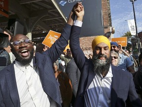 Federal NDP leader Jagmeet Singh campaigns in Parkdale - High Park riding with local candidate Paul Taylor on Tuesday Oct. 15, 2019.