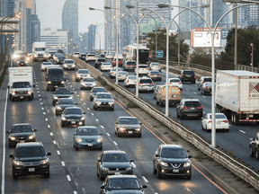 Evening traffic along the Gardiner Expressway in Toronto.