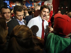 Liberal Leader Justin Trudeau greets supporters during a rally in Ottawa on Oct. 12, 2019.