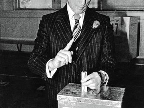 Prime Minister Pierre Elliott Trudeau casts his ballot  on May 20, 1980, at a polling booth in the basement of a Town of Mount Royal school.