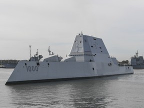 The guided-missile destroyer USS Zumwalt (DDG 1000) transits Naval Station Mayport Harbor on its way into port in Jacksonville, Florida on October 25, 2016.