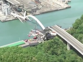 A video screen grab image of the bridge collapse in Taiwan.