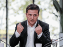 Ukraine's President Volodymyr Zelenskiy holds a press-marathon at a food court in Kiev, Ukraine Oct. 10, 2019.