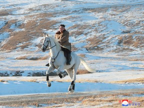 North Korean leader Kim Jong Un rides a horse during snowfall in Mount Paektu in this image released by North Korea's Korean Central News Agency (KCNA) on October 16, 2019.