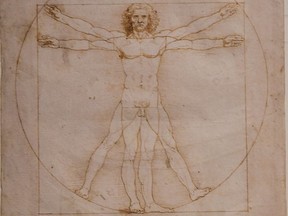 Leonardo's "Vitruvian Man" presented at the Palazzo Reale museum as part of the exhibition "Leonardo Da Vinci" on May 13, 2015 in Milan.