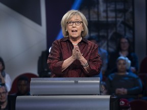 Green Party leader Elizabeth May speaks during the Federal leaders French language debate in Gatineau, Que. on Thursday, October 10, 2019.