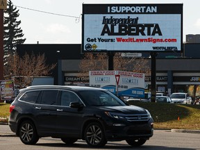 An electronic billboard at 99 Street and 63 Avenue in Edmonton calls for an independent Alberta on Oct. 23, 2019, two days after the federal election.