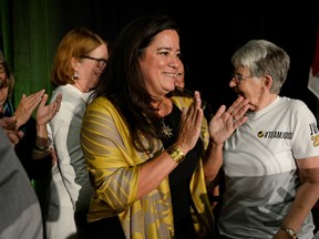 Former Canadian Justice Minister and current independent MP Jody Wilson-Raybould is joined on stage with with fellow Independent MP Jane Philpott and Green Party leader Elizabeth May in Vancouver, Canada, September 18, 2019.