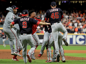 Washington Nationals celebrate after defeating the Houston Astros in Game Seven to win the 2019 World Series on Oct. 30, 2019.