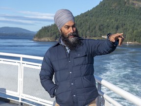 NDP Leader Jagmeet Singh takes in the sights after a media availability as he takes a ferry from Victoria to a campaign event in Vancouver on Saturday, Sept. 28, 2019.
