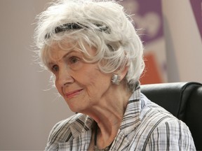 Canadian author Alice Munro speaks to the media as she receives her Man Booker International award at Trinity College Dublin, in Dublin, Ireland, on June 25, 2009.