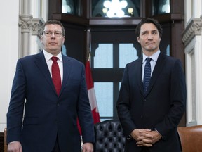 Prime Minister Justin Trudeau meets with Saskatchewan Premier Scott Moe in his office on Parliament Hill on Nov. 12, 2019.