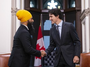 NDP leader Jagmeet Singh meets with Prime Minister Justin Trudeau on Parliament Hill in Ottawa on Thursday, Nov. 14, 2019.