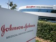An entry sign to the Johnson & Johnson campus shows their logo in Irvine, California on August 28, 2019.