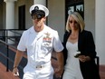 U.S. Navy SEAL Special Operations Chief Edward Gallagher leaves for a lunch break with wife Andrea Gallagher from his court-martial trial at Naval Base San Diego in San Diego, California , U.S., July 2, 2019.