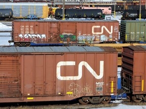 Railcars stand idle at the Canadian National (CN) railyards in Edmonton February 22, 2015.