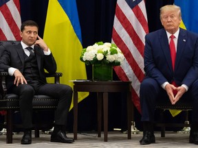 U.S. President Donald Trump and Ukrainian President Volodymyr Zelensky seen during a meeting in New York on September 25, 2019.