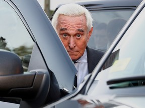Former Trump campaign adviser Stone departs following the second day of his criminal trial at U.S. District Court in Washington.