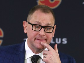 Calgary Flames GM Brad Trelving speaks to media in Clagary at the Saddledome on Friday, November 29, 2019.