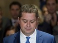 Conservative leader Andrew Scheer speaks to reporters following a caucus meeting on Parliament Hill in Ottawa, on Wednesday, Nov. 6, 2019.