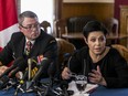 Vice-Admiral Mark Norman sits with his lawyer Marie Henein as they hold a press conference in Ottawa on Wednesday, May 8, 2019.