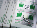 The two-step abortion drug Mifegymiso (with the U.K. dosage on label) pairs one drug, mifepristone (a version of which is seen here), with a second, misoprostol.