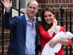 Prince William, Duke of Cambridge and Catherine, Duchess of Cambridge show their newborn son, Prince Louis, on April 23, 2018.