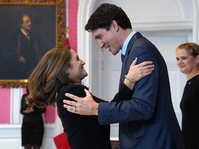 Prime Minister Justin Trudeau congratulates Chrystia Freeland after she was sworn-in as Deputy Prime Minister and Minister of Intergovernmental Affairs during a ceremony at Rideau Hall on Nov. 20, 2019 in Ottawa, Canada.