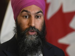 NDP Leader Jagmeet Singh speaks with reporters following a speech to the Federation of Canadian Municipalities in Ottawa, Wednesday, Nov. 27, 2019.