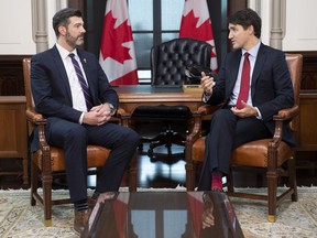 Prime Minister Justin Trudeau meets with the Mayor of Edmonton, Don Iveson in West block on Parliament Hill in Ottawa, Friday November 29, 2019.