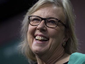 Green Party leader Elizabeth May speaks during a news conference in Ottawa, Monday, November 4, 2019. May announced she would step down as the party leader.