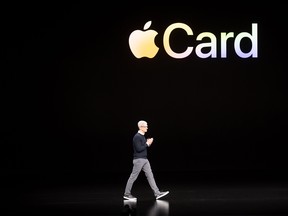 Apple CEO Tim Cook introduces Apple Card during a launch event at Apple headquarters on March 25, 2019, in Cupertino, California.