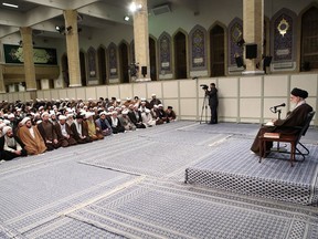 A handout picture provided by the office of Iran's Supreme Leader Ayatollah Ali Khamenei on November 17, 2019 shows him during speaking during a meeting with clerics at his Islamic Thoughts lecture in the capital Tehran.