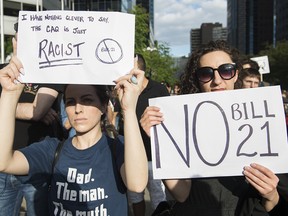 People protest against the Quebec government's Bill 21 in Montreal on June 17, 2019.