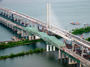 Aerial image of the new Champlain Bridge in Montreal next to the old Champlain Bridge.